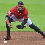Aug 25, 2025; Cleveland, Ohio, USA; Cleveland Guardians first baseman Carlos Santana (41) fields a ground ball in the third inning against the Tampa Bay Rays at Progressive Field. Mandatory Credit: David Richard-Imagn Images