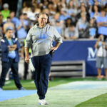 Sep 1, 2025; Chapel Hill, North Carolina, USA; North Carolina Tar Heels head coach Bill Belichick on the sidelines in the first quarter at Kenan Stadium. Mandatory Credit: Bob Donnan-Imagn Images