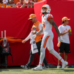 Sep 21, 2025; Tampa, Florida, USA; Tampa Bay Buccaneers wide receiver Mike Evans (13) walks to the locker room against the New York Jets in the fourth quarter at Raymond James Stadium. Mandatory Credit: Nathan Ray Seebeck-Imagn Images
