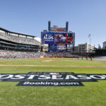 Onde assistir MLB Oct 9, 2024; Detroit, Michigan, USA; General view of the postseason logo on the field before game three of the ALDS for the 2024 MLB Playoffs between the Cleveland Guardians and Detroit Tigers at Comerica Park. Mandatory Credit: Rick Osentoski-Imagn Images