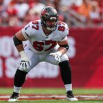 Sep 8, 2024; Tampa, Florida, USA; Tampa Bay Buccaneers offensive tackle Luke Goedeke (67) lines up against the Washington Commanders in the first quarter at Raymond James Stadium.