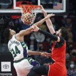 Giannis EuroBasket 2025 Nurkic Feb 5, 2022; Portland, Oregon, USA; Portland Trail Blazers Center Jusuf Nurkic (27) dunks the ball over Milwaukee Bucks power forward Giannis Antetokounmpo (34) during the first half at Moda Center. Mandatory Credit: Soobum Im-USA TODAY Sports