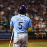 Jun 27, 2023; Phoenix, Arizona, USA; Detailed view of the jersey of Tampa Bay Rays shortstop Wander Franco (5) against the Arizona Diamondbacks at Chase Field. Mandatory Credit: Mark J. Rebilas-USA TODAY Sports
