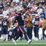 Nov 5, 2023; Foxborough, Massachusetts, USA; New England Patriots linebacker Ja'Whaun Bentley (8) celebrates after sacking Washington Commanders quarterback Sam Howell (14) during the second half at Gillette Stadium. Mandatory Credit: Paul Rutherford-USA TODAY Sports