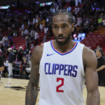 Feb 4, 2024; Miami, Florida, USA; LA Clippers forward Kawhi Leonard (2) looks on after the game against the Miami Heat at Kaseya Center.