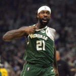 Apr 30, 2024; Milwaukee, Wisconsin, USA; Milwaukee Bucks guard Patrick Beverley (21) gestures towards the crowd following a play during the second quarter against the Indiana Pacers during game five of the first round for the 2024 NBA playoffs at Fiserv Forum. Mandatory Credit: Jeff Hanisch-USA TODAY Sports