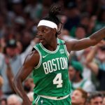 Jrue Holiday Blazers Futuro Jun 17, 2024; Boston, Massachusetts, USA; Boston Celtics guard Jrue Holiday (4) celebrates after making a thee pointer against the Dallas Mavericks in game five of the 2024 NBA Finals at TD Garden. Mandatory Credit: Peter Casey-USA TODAY Sports