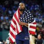 Kevin Durant Aug 10, 2024; Paris, France; United States guard Kevin Durant (7) celebrates after defeating France in the men's basketball gold medal game during the Paris 2024 Olympic Summer Games at Accor Arena. Mandatory Credit: Rob Schumacher-USA TODAY Sports