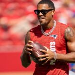 Sep 29, 2024; Santa Clara, California, USA; New England Patriots wide receiver Kendrick Bourne (84) during warmups before the start of the game against the San Francisco 49ers at Levi's Stadium. Mandatory Credit: Neville E. Guard-Imagn Images