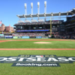 MLB Playoffs Oct 5, 2024; Cleveland, OH, USA; General view of the postseason logo on the field before game one of the ALDS for the 2024 MLB Playoffs between the Detroit Tigers and Cleveland Guardians at Progressive Field. Mandatory Credit: Ken Blaze-Imagn Images