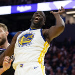 Warriors Draymond Green Domantas Sabonis - Oct 11, 2024; San Francisco, California, USA; Sacramento Kings forward Domantas Sabonis (11) and Golden State Warriors forward Draymond Green (23) vie for a rebound during the first quarter at Chase Center. Mandatory Credit: D. Ross Cameron-Imagn Images