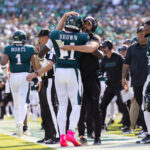 Oct 13, 2024; Philadelphia, Pennsylvania, USA; Philadelphia Eagles head coach Nick Sirianni hugs wide receiver A.J. Brown (11) after his touchdown catch against the Cleveland Browns during the second quarter at Lincoln Financial Field. Mandatory Credit: Bill Streicher-Imagn Images