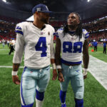 Nov 3, 2024; Atlanta, Georgia, USA; Dallas Cowboys quarterback Dak Prescott (4) and wide receiver CeeDee Lamb (88) walk off the field after a loss against the Atlanta Falcons at Mercedes-Benz Stadium.