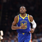 Nov 10, 2024; Oklahoma City, Oklahoma, USA; Golden State Warriors forward Jonathan Kuminga (00) runs down the court against the Oklahoma City Thunder during the second quarter at Paycom Center. Mandatory Credit: Alonzo Adams-Imagn Images