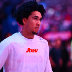 Nov 24, 2024; Philadelphia, Pennsylvania, USA; Philadelphia 76ers guard Jared McCain (20) looks on before the game against the Los Angeles Clippers at Wells Fargo Center. Mandatory Credit: Kyle Ross-Imagn Images