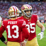 Dec 17, 2023; Glendale, Arizona, USA; San Francisco 49ers tight end George Kittle (85) with quarterback Brock Purdy (13) against the Arizona Cardinals at State Farm Stadium. Mandatory Credit: Mark J. Rebilas-USA TODAY Sports
