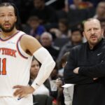 Dec 28, 2024; Washington, District of Columbia, USA; New York Knicks head coach Tom Thibodeau (R) and Knicks guard Jalen Brunson (11) look on during a stoppage in play against the Washington Wizards in the third quarterat Capital One Arena.