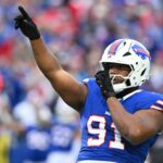 Ed Oliver Bills Dec 29, 2024; Orchard Park, New York, USA; Buffalo Bills defensive tackle Ed Oliver (91) celebrates a sack against the New York Jets in the third quarter at Highmark Stadium. Mandatory Credit: Mark Konezny-Imagn Images