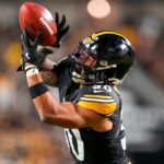 Pittsburgh Steelers running back Jaylen Warren (30) catches a kick over his shoulder in the first quarter of the NFL Week 18 game between the Pittsburgh Steelers and the Cincinnati Bengals at Acrisure Stadium in Pittsburgh on Saturday, Jan. 4, 2025.