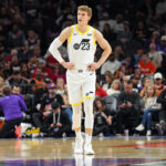 Jan 11, 2025; Phoenix, Arizona, USA; Utah Jazz forward Lauri Markkanen (23) looks on against the Phoenix Suns during the first half at Footprint Center. Mandatory Credit: Joe Camporeale-Imagn Images