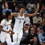 Wemby Spurs Torcida Organizada Feb 3, 2025; Memphis, Tennessee, USA; San Antonio Spurs center Victor Wembanyama (1) reacts during the first quarter against the Memphis Grizzlies at FedExForum. Mandatory Credit: Petre Thomas-Imagn Images