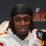 Feb 5, 2025; New Orleans, LA, USA; Kansas City Chiefs wide receiver Xavier Worthy (1) in a press conference ahead of Super Bowl LIX at New Orleans Marriott.