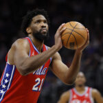 Feb 7, 2025; Detroit, Michigan, USA; Philadelphia 76ers center Joel Embiid (21) shoots in the first half against the Detroit Red Wings at Little Caesars Arena. Mandatory Credit: Rick Osentoski-Imagn Images