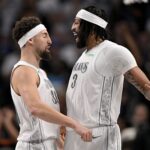 Klay Thompson Anthony Davis Mavericks Feb 8, 2025; Dallas, Texas, USA; Dallas Mavericks forward Anthony Davis (3) and guard Klay Thompson (31) celebrates after Davis dunks the ball during the second quarter against the Houston Rockets at American Airlines Center. Mandatory Credit: Jerome Miron-Imagn Images