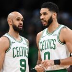 Derrick White Jayson Tatum Feb 12, 2025; Boston, Massachusetts, USA; Boston Celtics guard Derrick White (9) and forward Jayson Tatum (0) talk before a game against the San Antonio Spurs at the TD Garden. Mandatory Credit: Brian Fluharty-Imagn Images