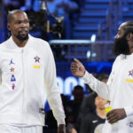 Netflix Starting 5 season 2 February 16, 2025; San Francisco, CA, USA; Shaq’s OGs forward Kevin Durant (35, left) of the Phoenix Suns and Shaq’s OGs guard James Harden (1, right) of the LA Clippers warm up before the 2025 NBA All Star Game at Chase Center. Mandatory Credit: Kyle Terada-Imagn Images