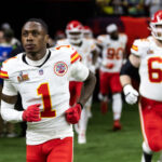 Feb 9, 2025; New Orleans, LA, USA; Kansas City Chiefs wide receiver Xavier Worthy (1) against the Philadelphia Eagles in Super Bowl LIX at Ceasars Superdome.