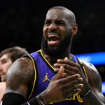 Mar 8, 2025; Boston, Massachusetts, USA; Los Angeles Lakers forward LeBron James (23) reacts after a non-call against the Boston Celtics during the second quarter at the TD Garden. Mandatory Credit: Brian Fluharty-Imagn Images
