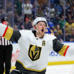 Mar 15, 2025; Buffalo, New York, USA; Vegas Golden Knights center Jack Eichel (9) reacts after scoring a goal during the third period against the Buffalo Sabres at KeyBank Center. Mandatory Credit: Timothy T. Ludwig-Imagn Images