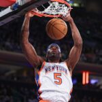Miami Heat quer Precious Achiuwa - Mar 22, 2025; New York, New York, USA; New York Knicks forward Precious Achiuwa (5) dunks the ball during the first half against the Washington Wizards at Madison Square Garden. Mandatory Credit: Vincent Carchietta-Imagn Images