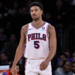 76ers Quentin Grimes impasse Apr 1, 2025; New York, New York, USA; Philadelphia 76ers guard Quentin Grimes (5) during the second half against the New York Knicks at Madison Square Garden. Mandatory Credit: John Jones-Imagn Images