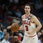 Apr 6, 2025; Charlotte, North Carolina, USA; Chicago Bulls guard Josh Giddey (3) brings the ball upcourt against the Charlotte Hornets during the second half at Spectrum Center. Mandatory Credit: Nell Redmond-Imagn Images