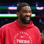 Apr 5, 2025; Philadelphia, Pennsylvania, USA; Philadelphia 76ers center Joel Embiid reacts after the game against the Minnesota Timberwolves at Wells Fargo Center. Mandatory Credit: Kyle Ross-Imagn Images