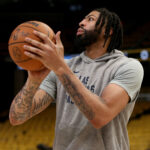 Apr 18, 2025; Memphis, Tennessee, USA; Dallas Mavericks forward Anthony Davis (3) shoots during warm ups prior to a game against the Memphis Grizzlies at FedExForum. Mandatory Credit: Petre Thomas-Imagn Images