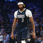 Apr 18, 2025; Memphis, Tennessee, USA; Dallas Mavericks forward Anthony Davis (3) reacts during the second quarter against the Memphis Grizzlies at FedExForum.