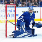 Apr 29, 2025; Toronto, Ontario, CAN; Toronto Maple Leafs goaltender Anthony Stolarz (41) follows the play against the Ottawa Senators in the second period during game five of the first round of the 2025 Stanley Cup Playoffs at Scotiabank Arena. Mandatory Credit: Nick Turchiaro-Imagn Images