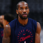 Apr 29, 2025; Denver, Colorado, USA; LA Clippers forward Kawhi Leonard (2) warms up before game five of the first round for the 2025 NBA Playoffs against the Denver Nuggets at Ball Arena.