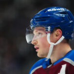 May 1, 2025; Denver, Colorado, USA; Colorado Avalanche defenseman Cale Makar (8) during the first period against the Dallas Stars in game six of the first round of the 2025 Stanley Cup Playoffs at Ball Arena.