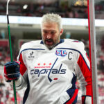 May 10, 2025; Raleigh, North Carolina, USA; Washington Capitals left wing Alex Ovechkin (8) comes off the ice after the warmups before the game against the Carolina Hurricanes in game three of the second round of the 2025 Stanley Cup Playoffs at Lenovo Center. Mandatory Credit: James Guillory-Imagn Images