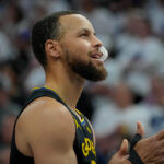May 6, 2025; Minneapolis, Minnesota, USA; Golden State Warriors guard Stephen Curry (30) prepares to play the Minnesota Timberwolves before game one of the second round for the 2025 NBA Playoffs at Target Center.