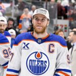 May 29, 2025; Dallas, Texas, USA; Edmonton Oilers center Connor McDavid (97) looks on from the ice after the game between the Dallas Stars and the Edmonton Oilers in game five of the Western Conference Final of the 2025 Stanley Cup Playoffs at American Airlines Center. Mandatory Credit: Jerome Miron-Imagn Images