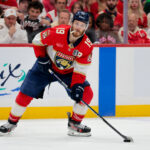Jun 17, 2025; Sunrise, Florida, USA; Florida Panthers left wing Matthew Tkachuk (19) controls the puck against the Edmonton Oilers during the second period in game six of the 2025 Stanley Cup Final at Amerant Bank Arena. Mandatory Credit: Sam Navarro-Imagn Images