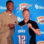 Thunder draft pick Thomas Sorber poses for a photo with general manager Sam Presti during a press conference at the First American's Museum in Oklahoma City, Saturday, June 28, 2025.