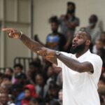 July 6, 2023; North Augusta, S.C., USA; NBA star LeBron James coaches Strive for Greatness during the Strive for Greatness and Mokan Elite basketball game at the fourth day of the Nike Peach Jam at Riverview Park Activities Center. Mandatory Credit: Katie Goodale-USA TODAY Network