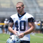Jul 22, 2025; Oxnard, CA, USA; Dallas Cowboys running back Hunter Luepke (40) during training camp at the River Ridge Fields. Mandatory Credit: Kirby Lee-Imagn Images