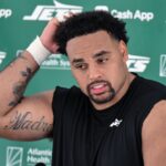 Jets Vera-Tucker Jul 24, 2025; Florham Park, NY, USA; New York Jets guard Alijah Vera-Tucker (75) speaks to the media during training camp at Atlantic Health Jets Training Center. Mandatory Credit: John Jones-Imagn Images